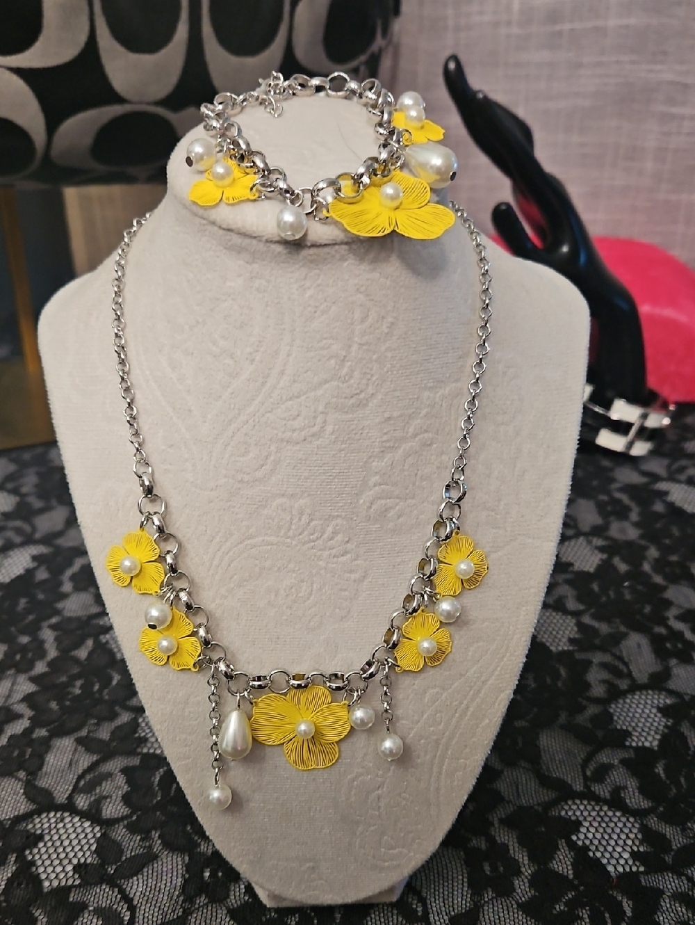 Yellow Floral Pearl Charm Necklace and Bracelet 3 Piece Set